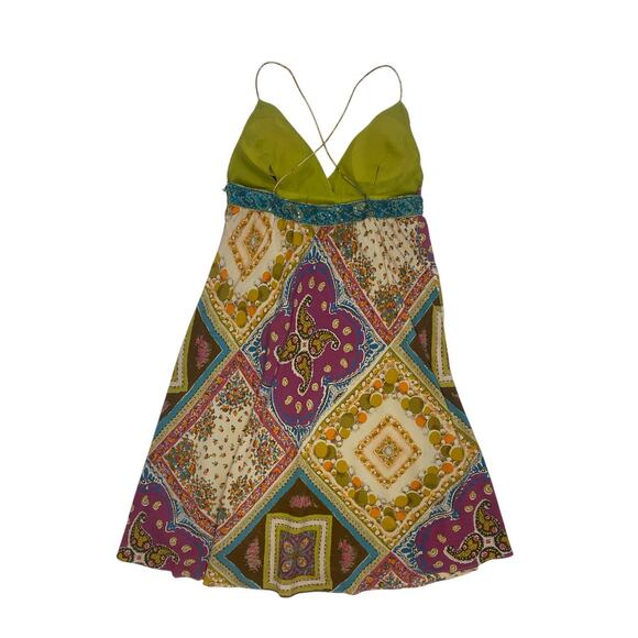 Nicole Miller Y2K Deadstock Strappy Multi Print Silk Dress w Beaded Waistline - Picture 4 of 4